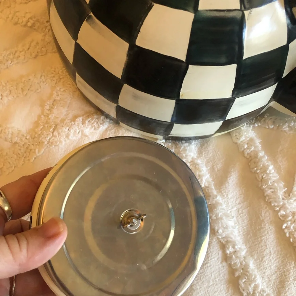 MacKenzie-Childs Black and White Checkered Teapot Kettle with Red Knob, 3qt - Picture 6 of 7